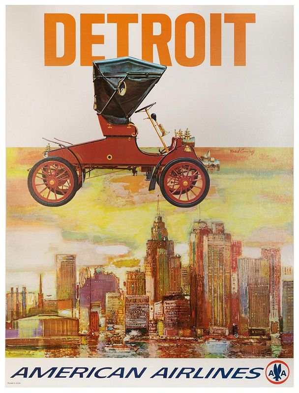 Vintage American Airlines Flights To Detroit Poster Print A3/A4