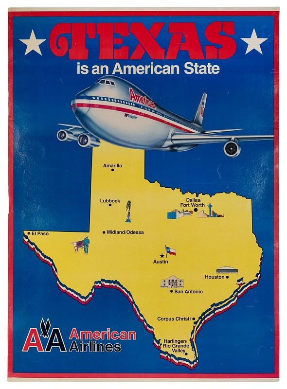 Vintage American Airlines Flights To Texas Poster Print A3/A4