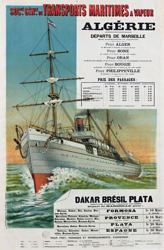 Vintage Marseille to Algiers and South America Sailings Maritime Poster Print A3/A4