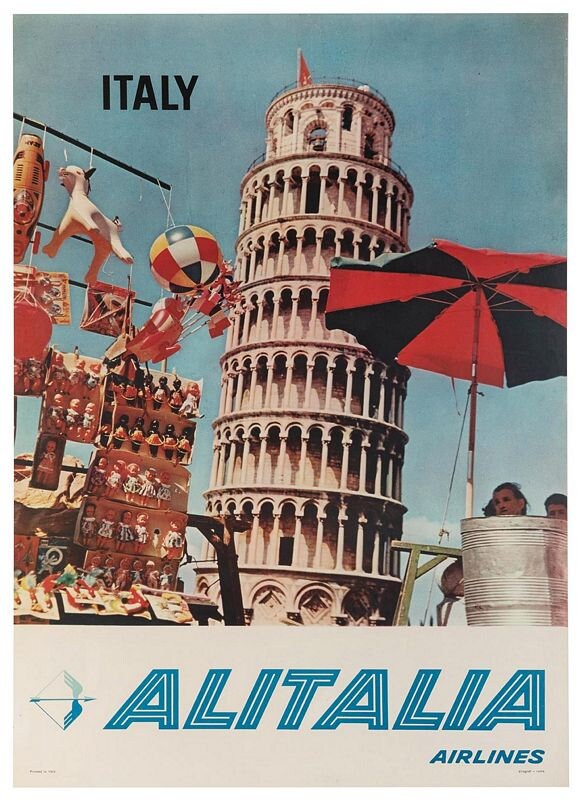 Vintage Alitalia Flights to Pisa Airline Poster Print A3/A4