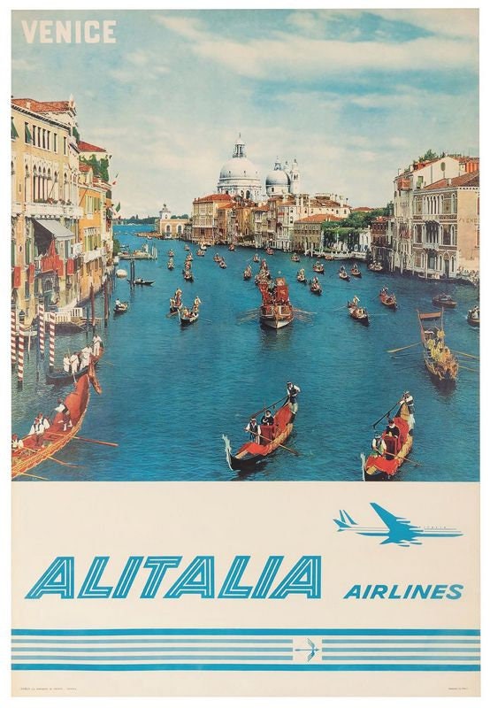 Vintage Alitalia Flights to Venice Airline Poster Print A3/A4