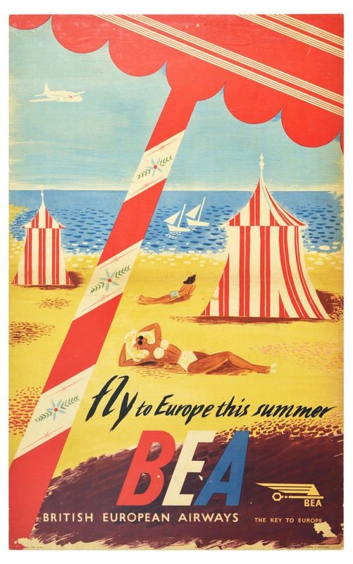 Vintage BEA Flights to European Beaches Airline Poster Print A3/A4