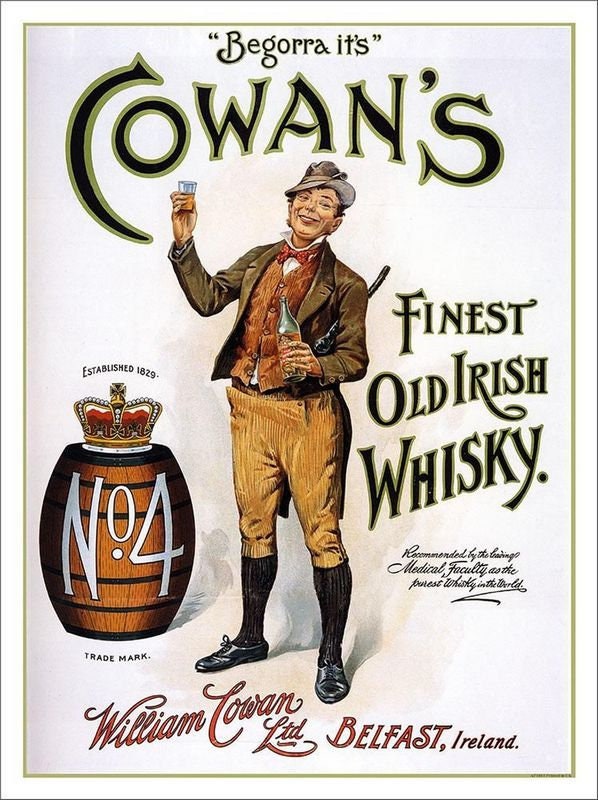 Vintage Cowans Irish Whisky Advertisement Poster Print A3/A4