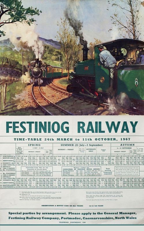 Vintage 1967 Festiniog Railway Timetable Poster Print A3/A4