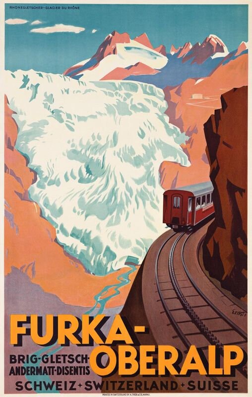 Vintage Swiss Furka Oberalp Mountain Railway Tourism Poster Print A3/A4