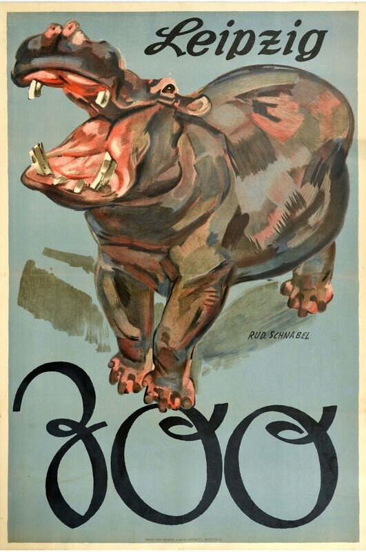 Vintage Leipzig Zoo Hippopotamus Tourism Poster Print A3/A4