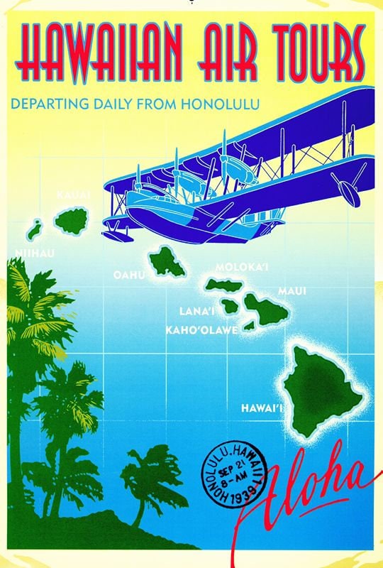 Vintage Hawaiian Air Tours Airline Poster Print A3/A4