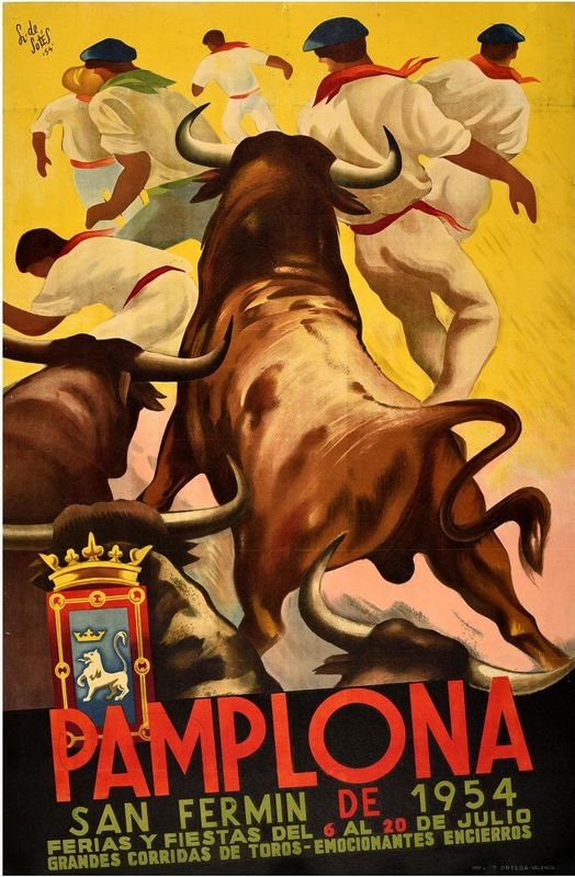 Vintage 1954 Pamplona Running Of The Bulls Spain Tourism Poster Print A3/A4