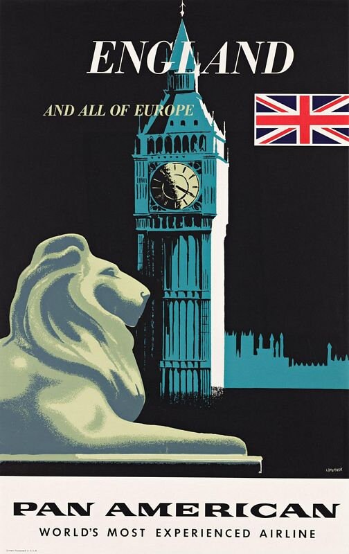 Vintage Pan Am Flights To England Airline Poster Print A3/A4