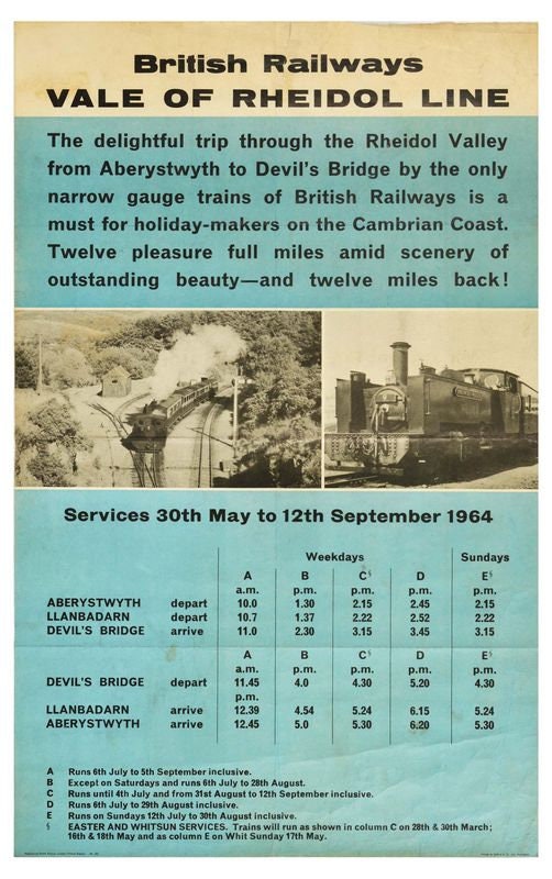 Vintage 1964 BR Vale of Rheidol Line Timetable Railway Poster Print A3/A4