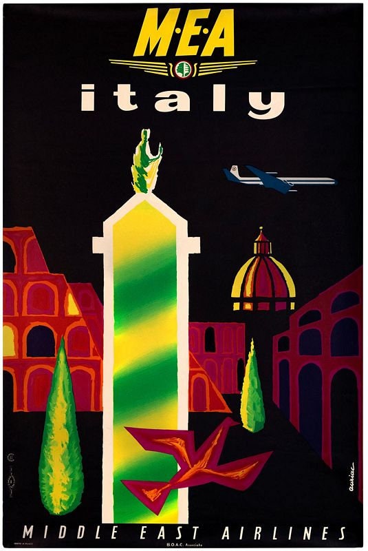 Vintage Middle East Airlines Flights To Italy Poster Print A3/A4