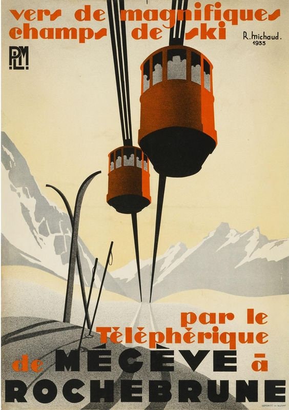 Vintage French Alps Megeve Ski Cable Car Tourism Poster Print A3/A4