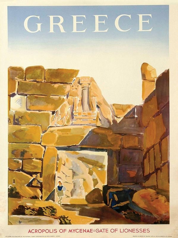 Vintage Mycenae Greece Lions Gate Tourism Poster Print A3/A4