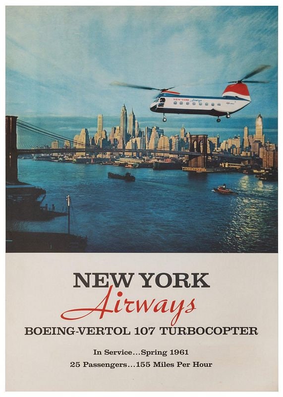 Vintage 1960'S New York Airways Helicopter Airline Poster Print A3/A4