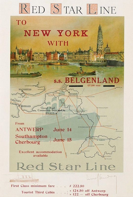 Vintage Red Star Line Antwerp to New York Shipping Line Poster Print A3/A4