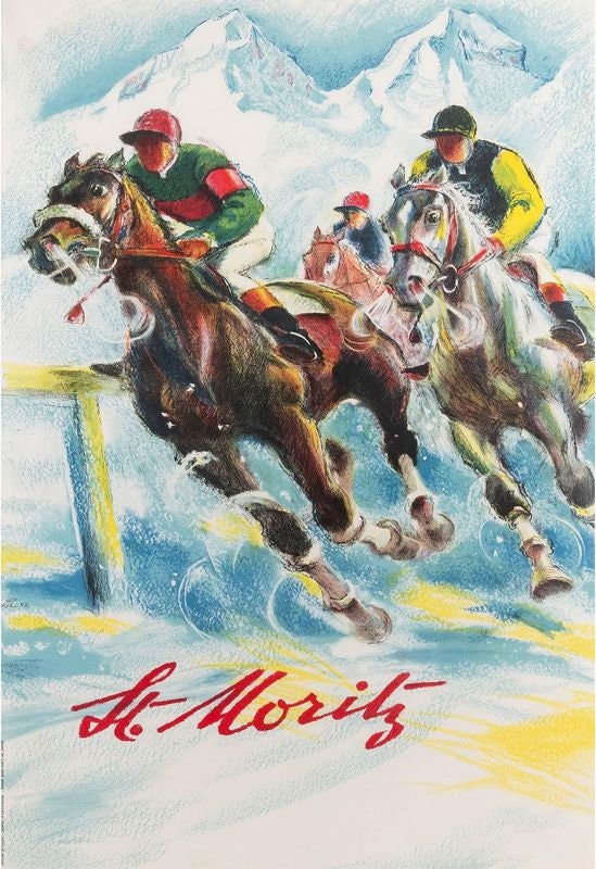 Vintage St Moritz Switzerland Horse Racing Poster Print A3/A4