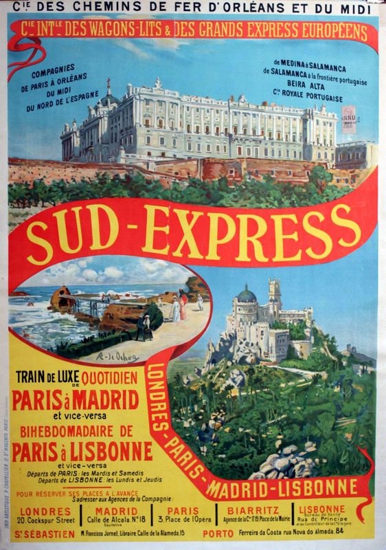 Vintage Sud Express Paris to Madrid and Lisbon Railway Poster Print A3/A4