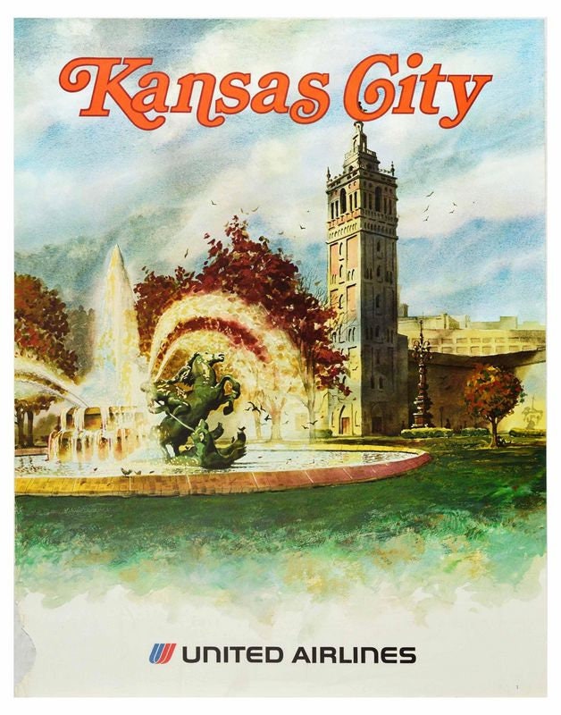 Vintage United Airlines Flights To Kansas City Poster Print A3/A4