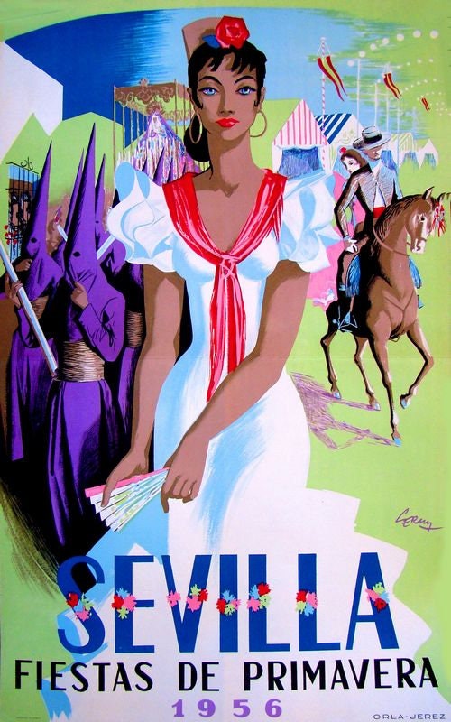 Vintage 1956 Seville Fiesta Feria Spain Tourism Poster A4/A3/A2/A1 Print