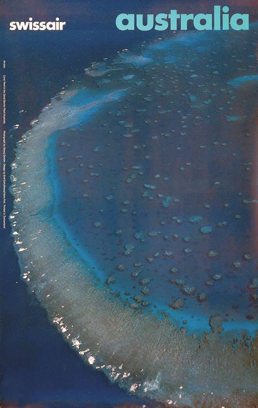 Vintage Swiss Air Flights to Australia Barrier Reef Airline Poster Print A3/A4