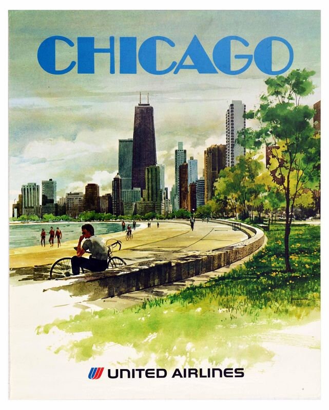 Vintage United Airlines Flights To Chicago Poster Print A3/A4