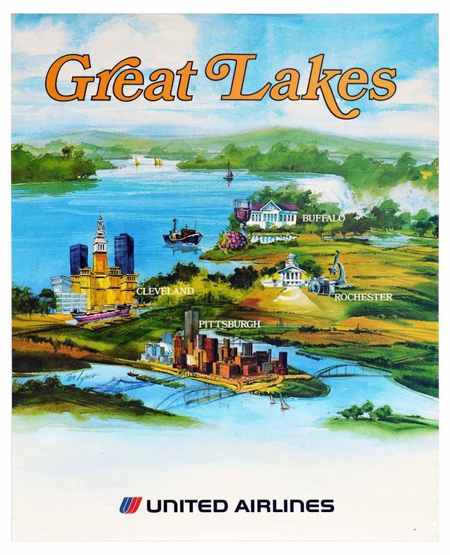 Vintage United Airlines Flights To The Great Lakes Poster Print A3/A4