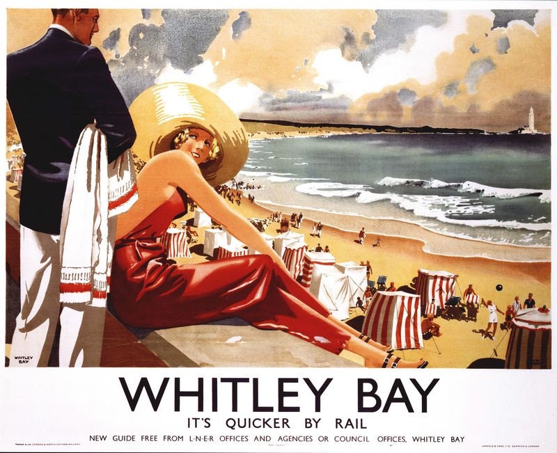 Vintage LNER Whitley Bay Beach Railway Poster Print A3/A4