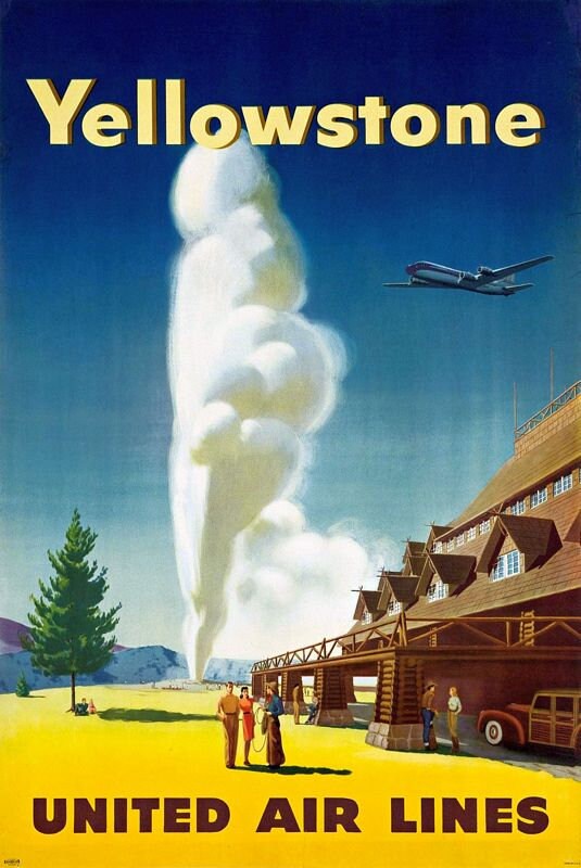 Vintage United Airlines Flights To Yellowstone Park Poster Print A3/A4