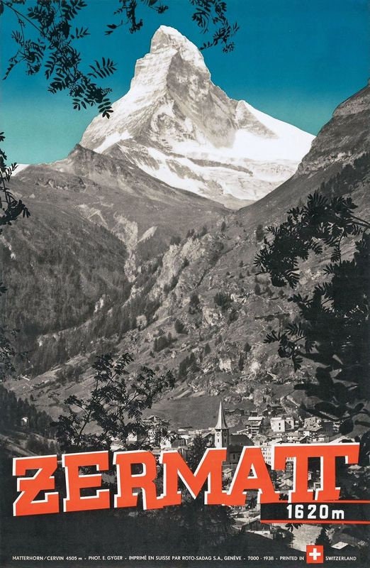 Vintage Zermatt Switzerland Matterhorn Tourism Poster Print A3/A4