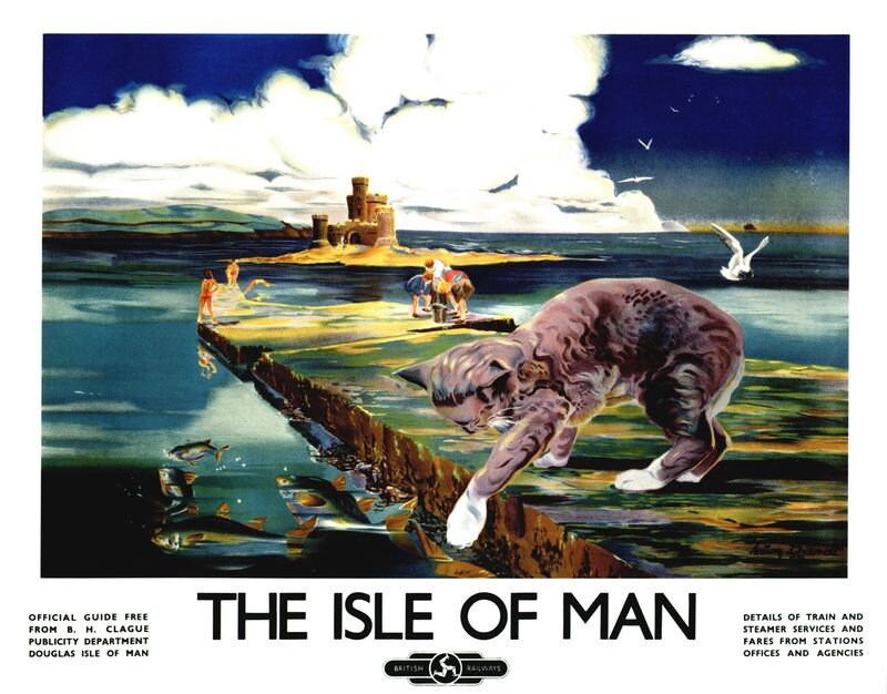 Vintage British Rail Cute Isle of Man Cat in Harbour Railway Poster A4/A3/A2/A1 Print