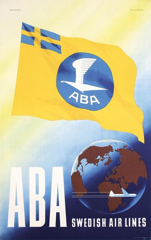 Vintage ABA Swedish Airlines Poster Print A3/A4