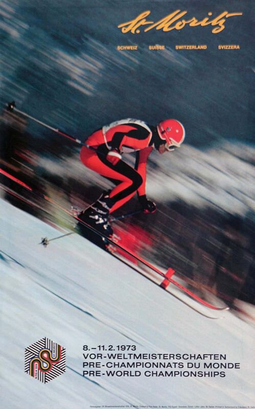 Vintage 1973 St Moritz Pre World Championship Skiing Poster Print A3/A4