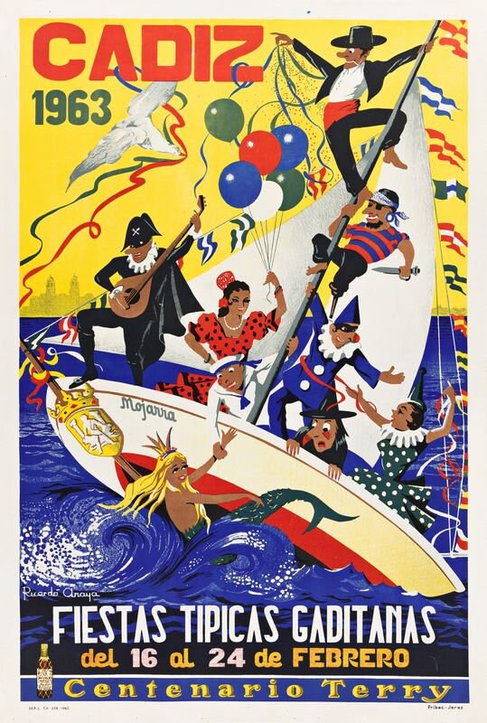 Vintage 1963 Cadiz Spain Feria Fiesta Tourism Poster Print A3/A4