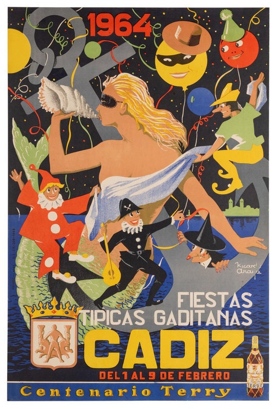 Vintage 1964 Cadiz Spain Feria Fiesta Tourism Poster Print A3/A4