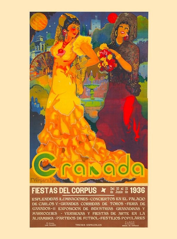 Vintage 1936 Granada Spain Feria Fiesta Tourism Poster Print A3/A4