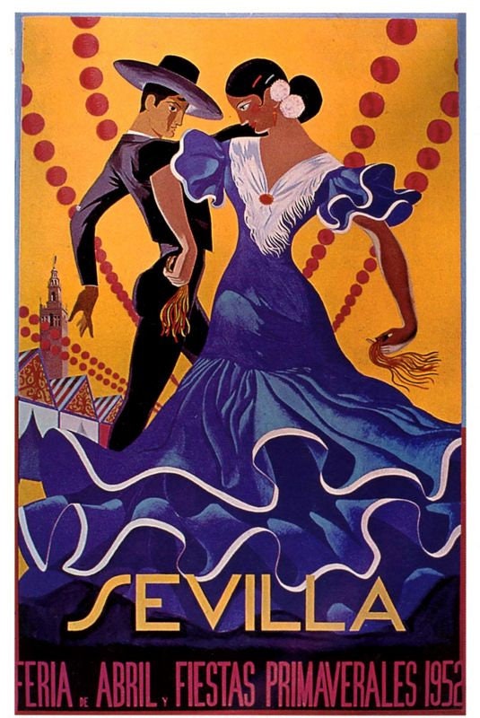 Vintage 1952 Seville Spain Feria Fiesta Tourism Poster Print A3/A4