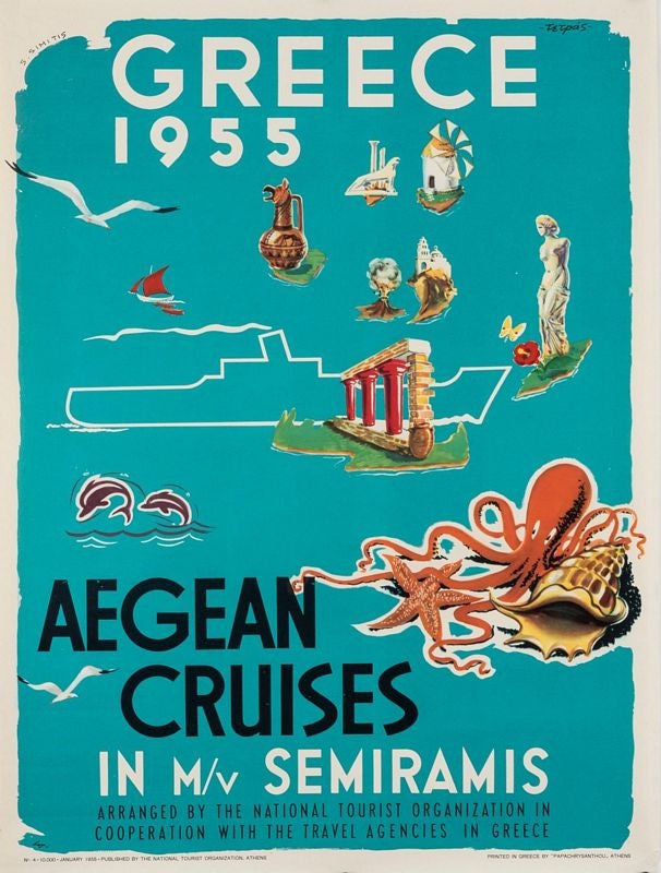 Vintage 1955 Greek Aegean Cruises Tourism Poster Print A3/A4