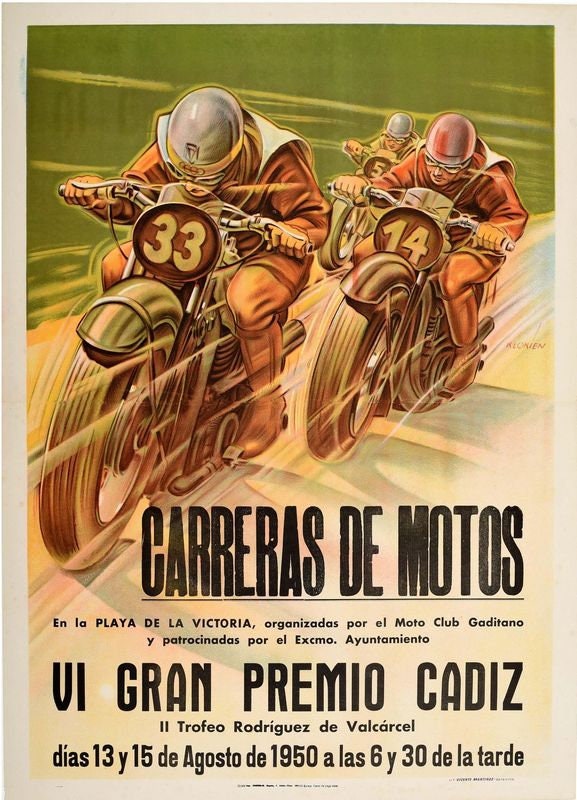 Vintage 1950 Cadiz Spain Motorcycling Grand Prix Motor Racing Poster Print A3/A4