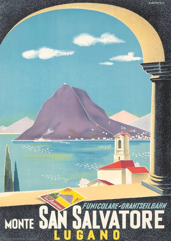 Vintage Mount San Salvatore Lugano Switzerland Tourism Poster Print A3/A4