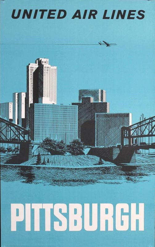 Vintage United Airlines Flights to Pittsburgh Poster Print A3/A4