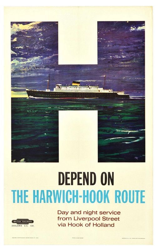 Vintage British Rail Harwich Hook of Holland Ferry Railway Poster Print A3/A4