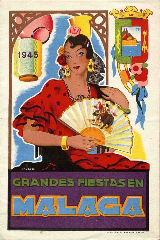 Vintage 1945 Malaga Spain Feria Fiesta Tourism Poster Print A3/A4