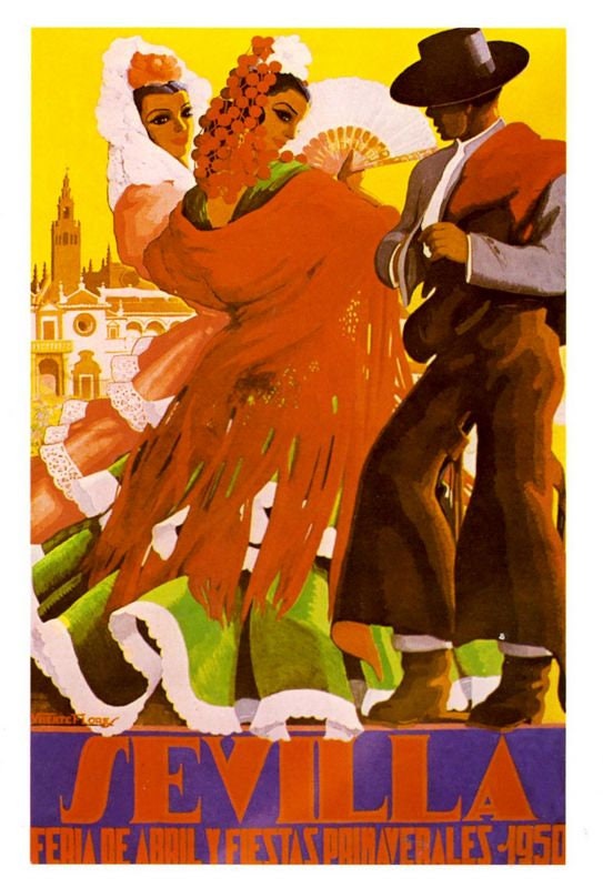 Vintage 1950 Seville Spain Feria Fiesta Tourism Poster Print A3/A4