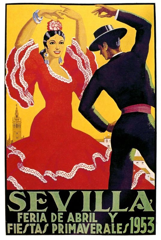 Vintage 1953 Seville Spain Feria Fiesta Tourism Poster Print A3/A4