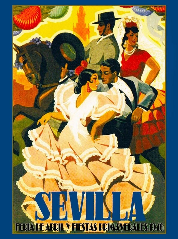 Vintage 1946 Seville Spain Feria Fiesta Tourism Poster Print A3/A4