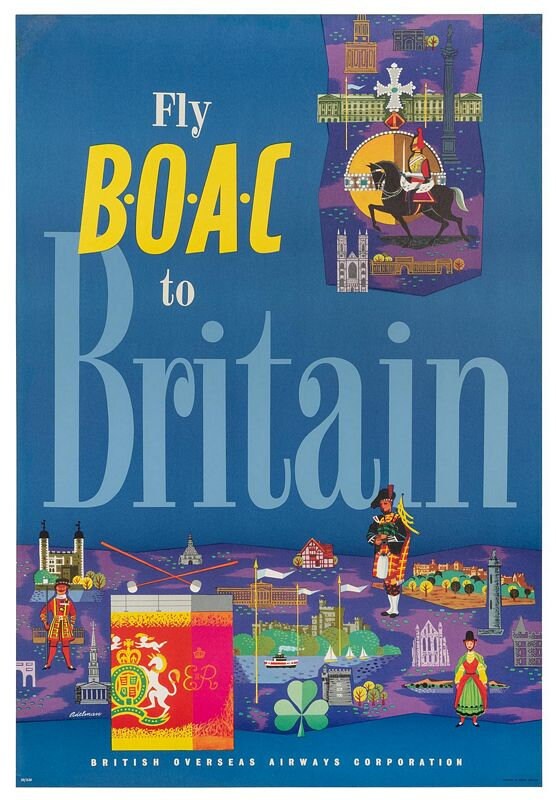 Vintage Fly BOAC Flights to Britain Airline Poster Print A3/A4