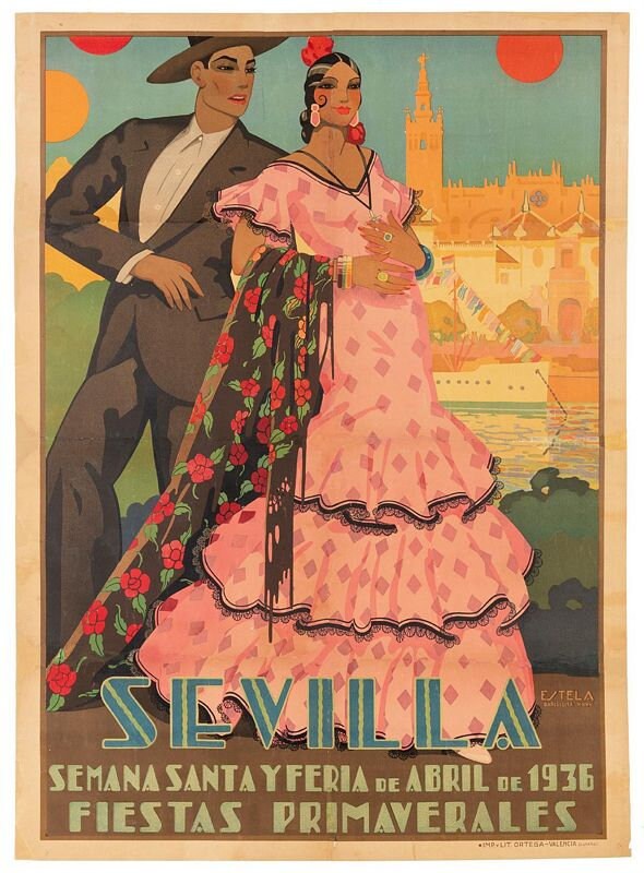 Vintage 1936 Seville Spain Feria Fiesta Tourism Poster Print A3/A4