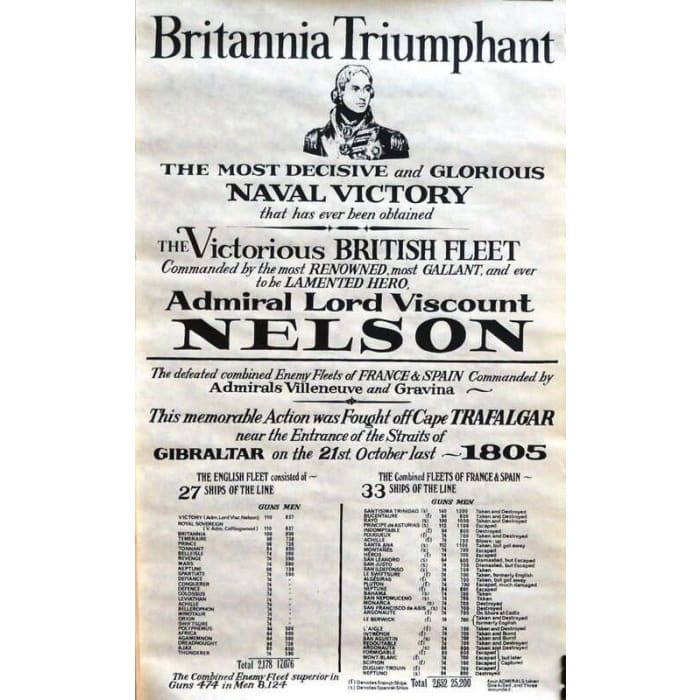 Vintage 1805 Battle of Trafalgar Nelson Triumphant Poster 