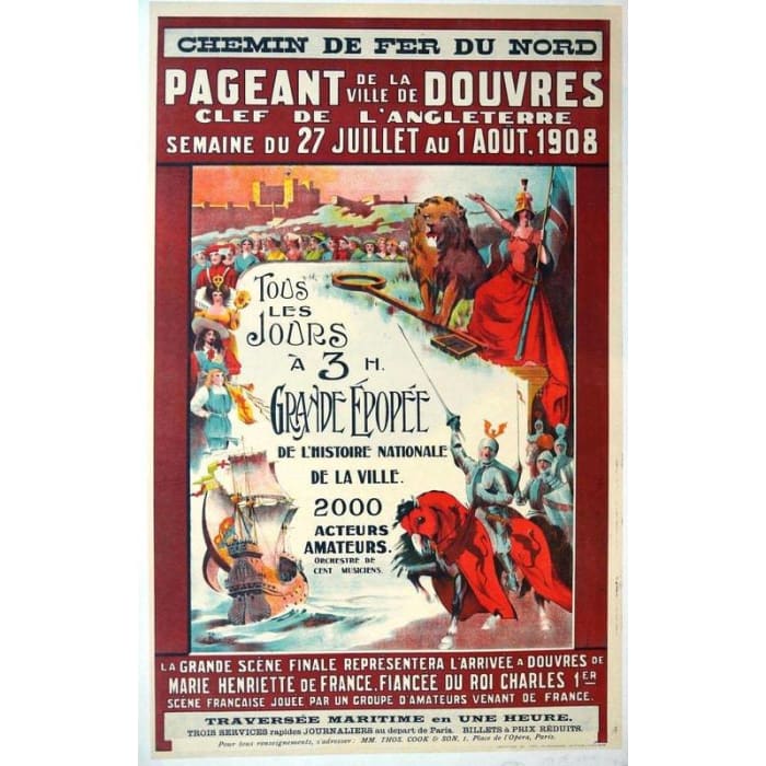 Vintage 1908 French Language Dover Pageant Tourism Poster 
