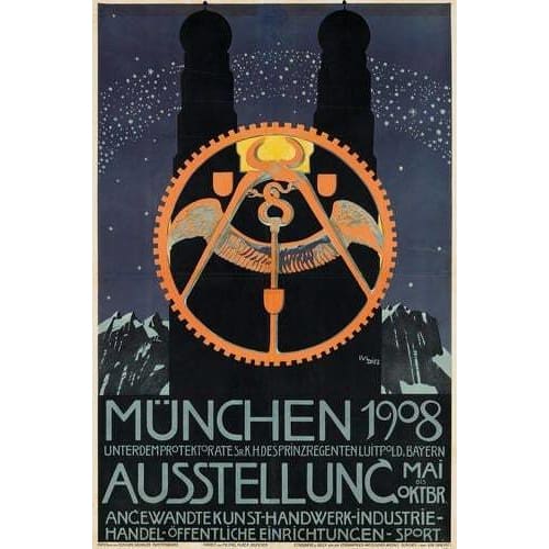 Vintage 1908 Munich Germany Exhibition Poster A3 Print - A3 